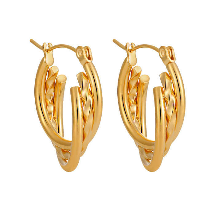Fashion Three-Line Twisted Braided Earrings for Women, Ins Style, Niche Personality, Gold Plated, High-End Titanium S...