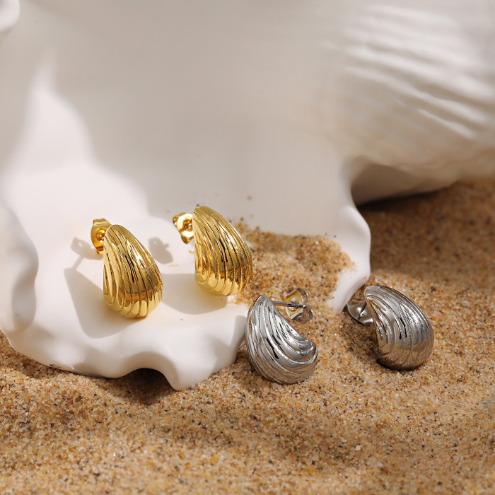 INS Fashion Earrings 24K Gold PVD Plated C-Shaped Earrings Geometric Stainless Steel Chubby Striped Stud Earrings