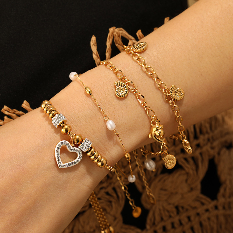 New Titanium Steel Ocean Series Pearl Conch Pendant Bracelet Dolphin Gold Plated European and American Ins Style Trendy Jewelry