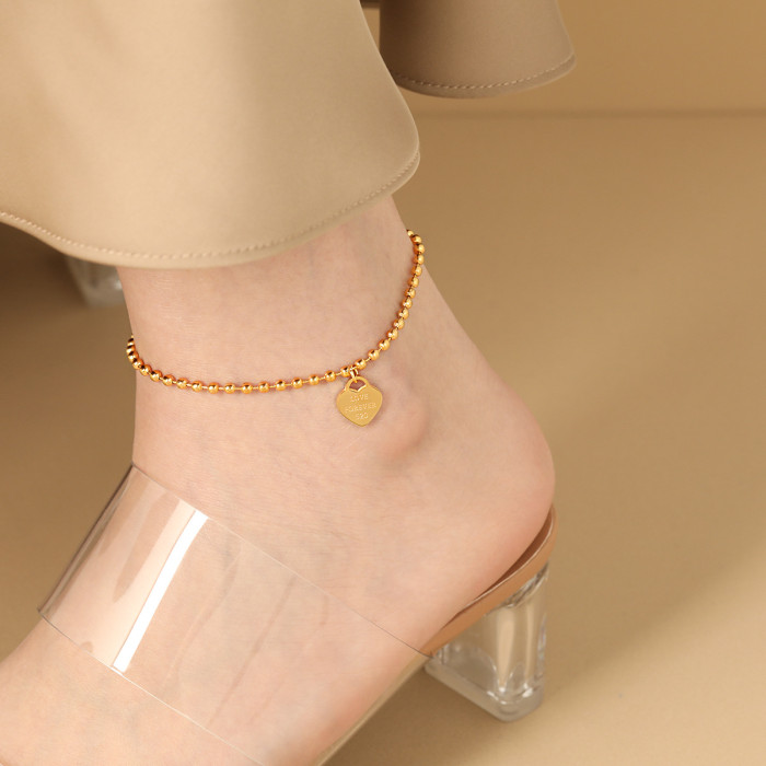 Korean Style Ins Niche Simple Versatile Round Bead Heart LOVE Anklet Fashion Personality Gold Plated Titanium Steel F...