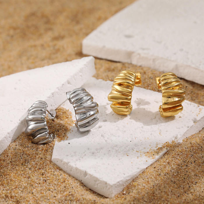 Fashion INS Style Wrinkled Texture Geometric Earrings Titanium Steel Women's Unisex High-end Gold Vintage Earrings
