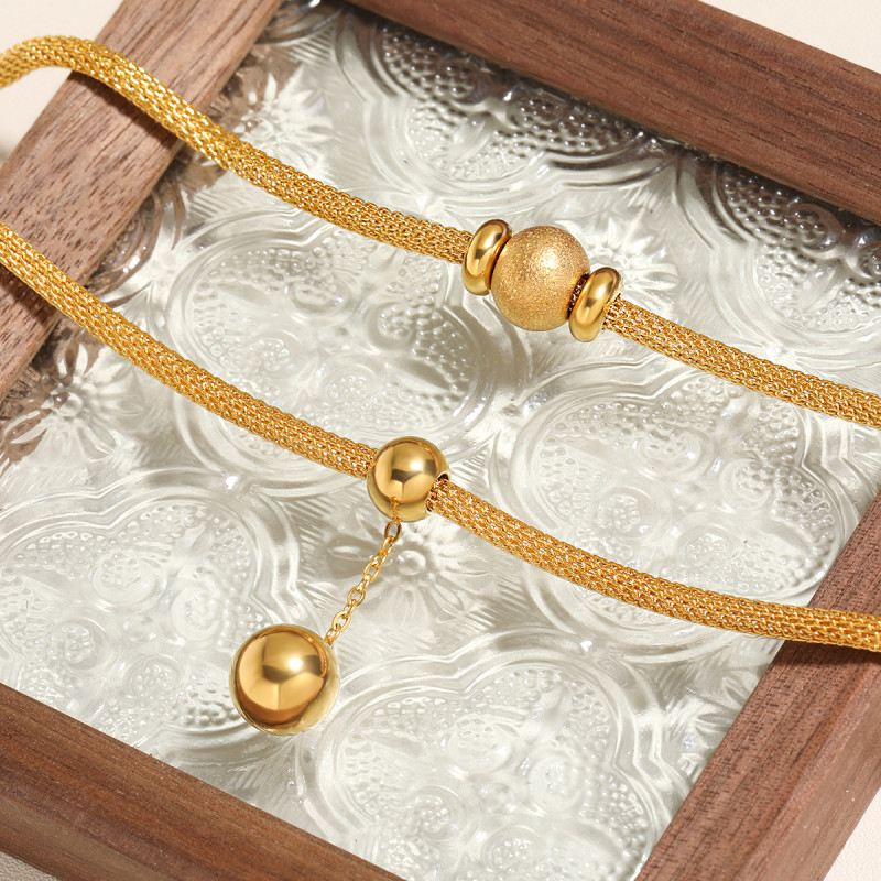 Japanese and Korean INS Niche Design Mesh Matte Geometric Round Bead Fortune Bead Titanium Steel Bracelet Necklace Women's Jewelry Set