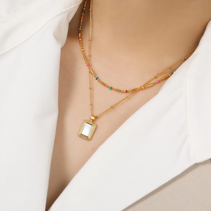 Cross-Border Niche INS Geometric Square Natural Stone Colorful Resin Beads Layered Titanium Steel Necklace Collarbone Chain