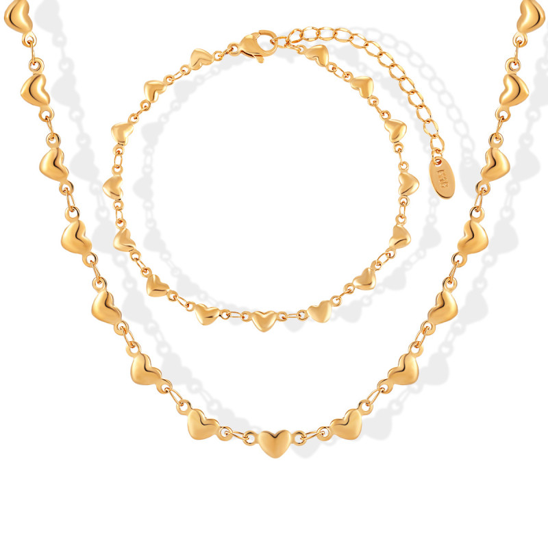 Korean Version Ins Niche Design Personality Simple Handmade Stitching Love Heart-Shaped Titanium Steel Bracelet Necklace Jewelry Set