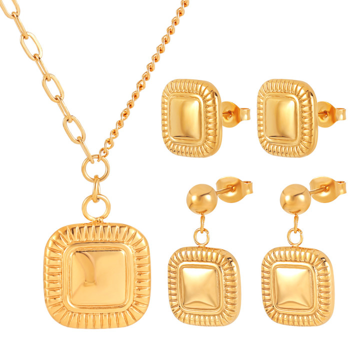 High-End Niche Ins Retro Geometric Square Titanium Steel Necklace and Earrings Women's Jewelry Set
