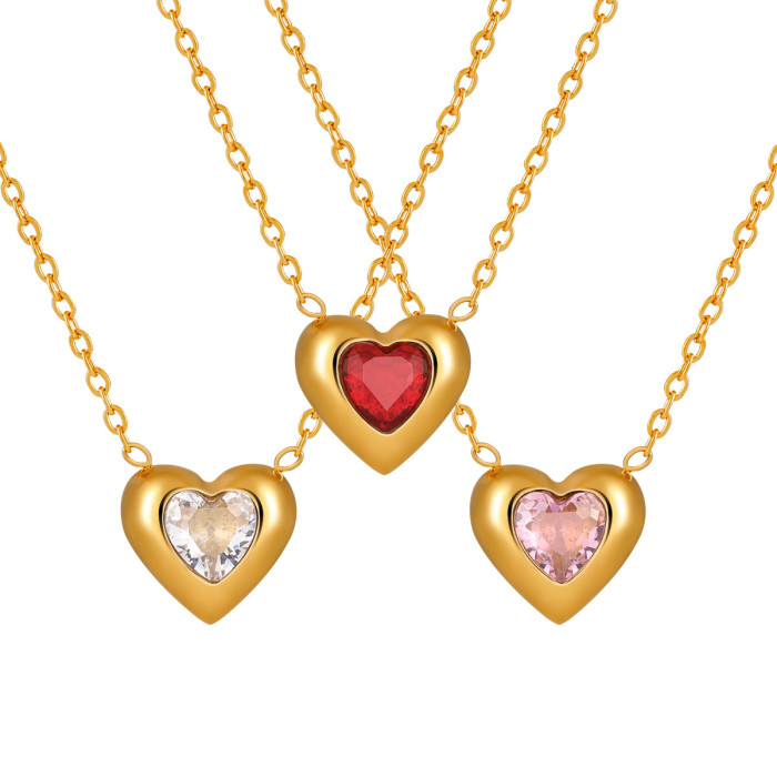 Fashion Titanium Steel Heart Necklace for Women Versatile Korean Style Ins Style Pink Crystal Colorful Zircon Gold Pl...