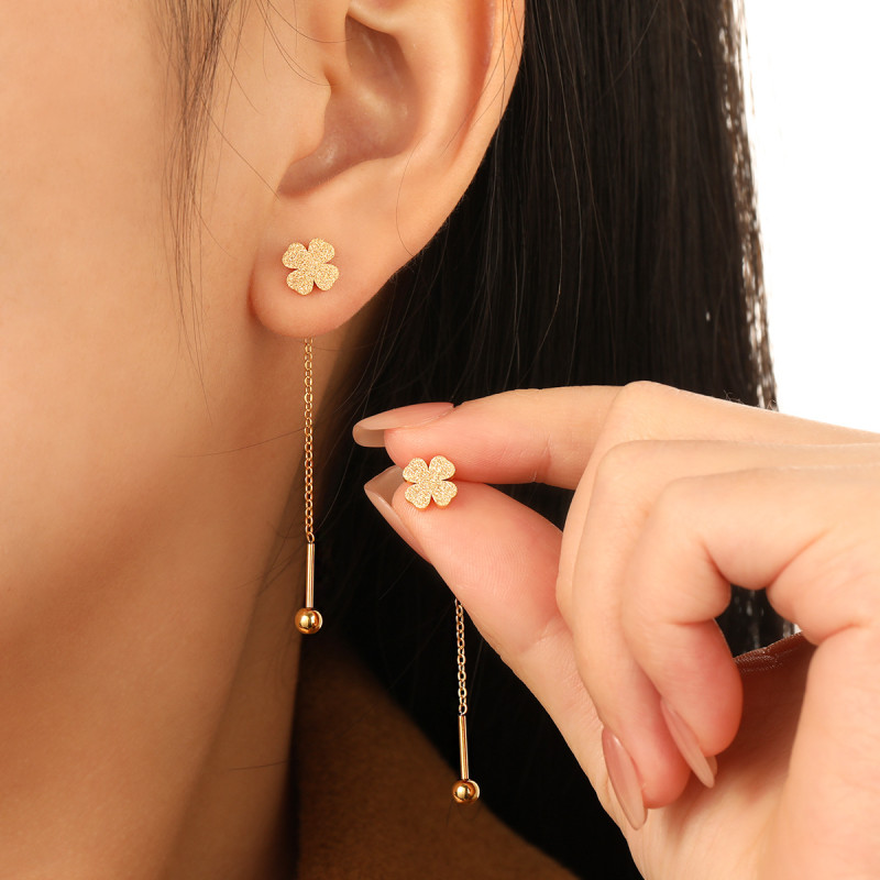 New Matte Heart Combination Four-Leaf Clover Ear Thread for Women, Elegant Round Face Slimming Long Titanium Steel Earrings with Tassel