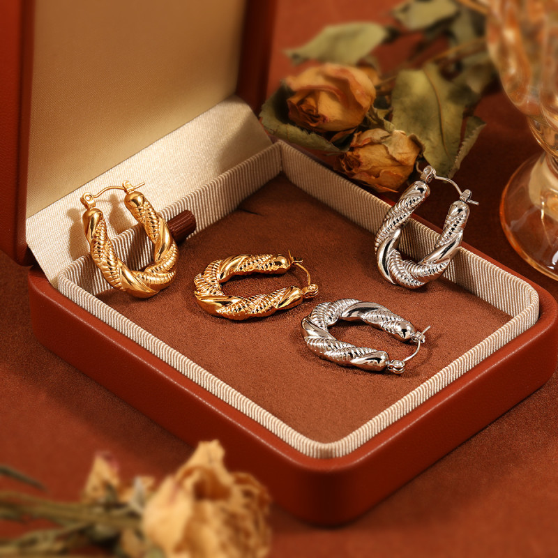 Cross-Border European and American Retro Niche Simple Braided Patchwork Earrings for Women Fashionable Personality High-End Titanium Steel Gold-Plated Ear Jewelry