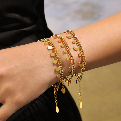 European and American Cross-Border Star and Moon Round Bracelet for Women, Ins Style, High-End Fashion Titanium Steel PVD Gold-Plated Jewelry