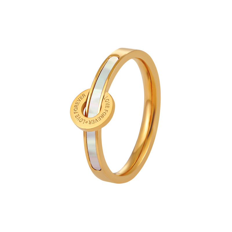 Korean Style Ins Simple High-End Light Luxury Letter Round Plate Natural White Mother-of-Pearl Ring Fashionable Personality Titanium Steel Ring