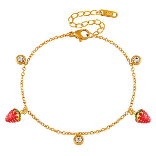 European and American INS Style Small Tropical Fruit Strawberry Bracelet for Women, Resin Personalized Stainless Steel 18K PVD Gold Plated Jewelry