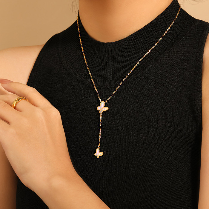 Korean Style Ins Sweet Niche Design Tassel Butterfly White Seashell Necklace Women's Fashion Titanium Steel Long Swea...