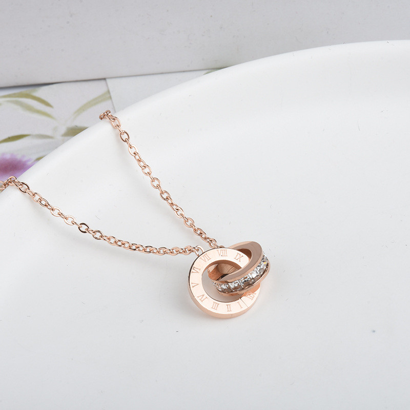 Korean Style Roman Double Ring Necklace with Diamond Personality Simple Versatile Titanium Steel Electroplated 24K Gold Clavicle Chain