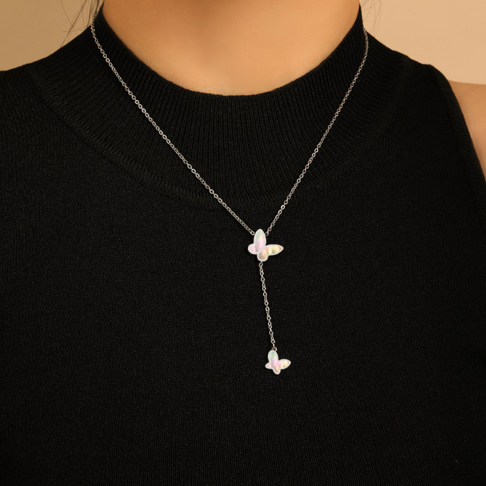 Korean Style Ins Sweet Niche Design Tassel Butterfly White Seashell Necklace Women's Fashion Titanium Steel Long Swea...