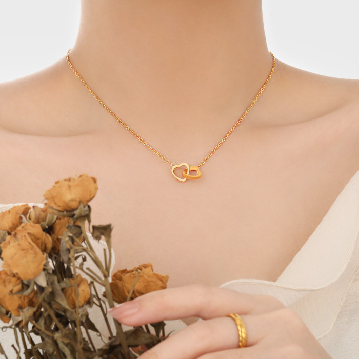 Korean Style Ins Personality Temperament Versatile Heart-Shaped Collarbone Chain Fashion Niche Design Heart Double Ring Titanium Steel Necklace