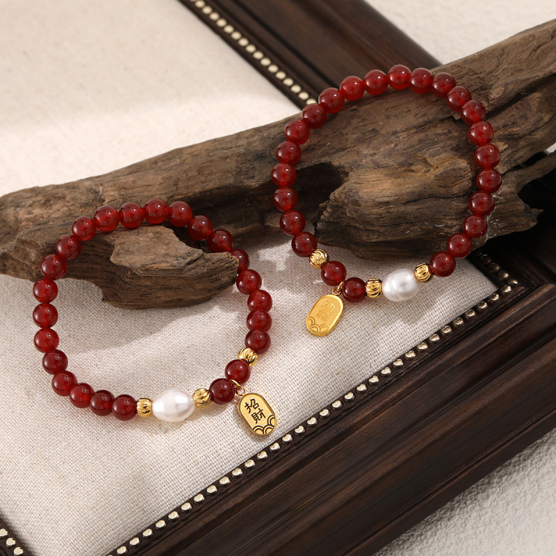 New Chinese Style Zodiac Year Wealth-Attracting Fortune Square Titanium Steel Bracelet Freshwater Pearl Handmade Red Agate Beaded Jewelry