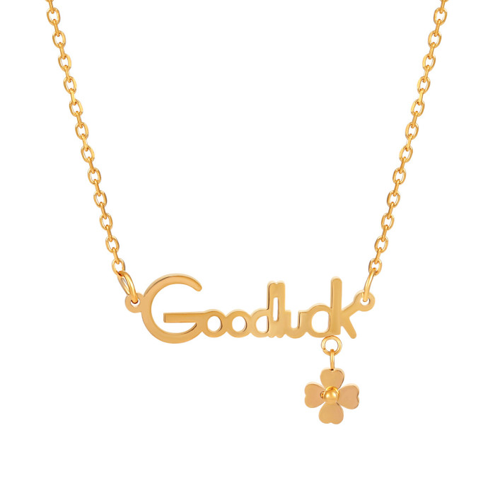 Korean Version Ins Niche Minimalist Light Luxury Goodluck Letter Small Flower Four-leaf Clover Titanium Steel Necklac...