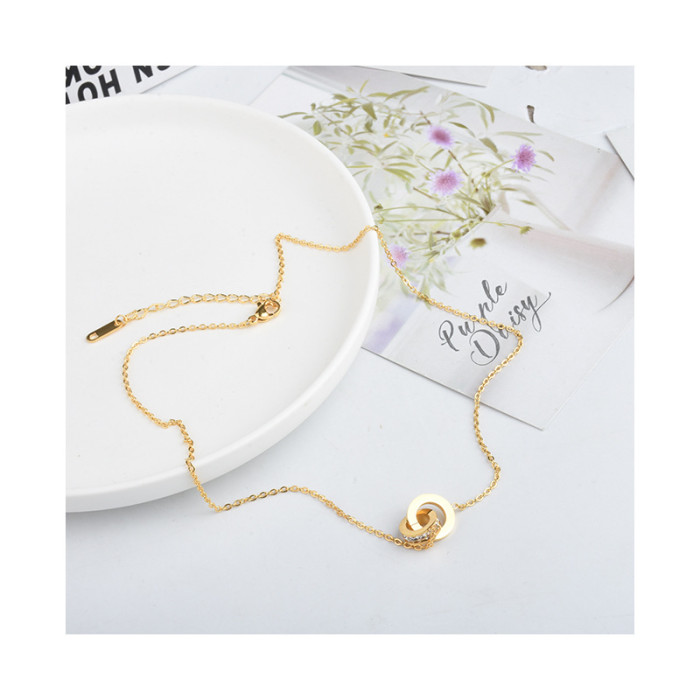 Korean Style Roman Double Ring Necklace with Diamond Personality Simple Versatile Titanium Steel Electroplated 24K Gold Clavicle Chain