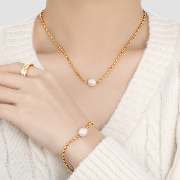Palace Style Retro Niche Fashion Rice Bead Necklace for Women Titanium Steel PVD Electroplated 24K Gold Rice Grain Br...