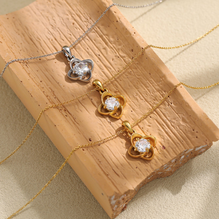 Korean Style INS New Lucky Four-Leaf Clover Necklace for Women Inlaid with Zircon Pendant Titanium Steel PVD Gold Clavicle Chain