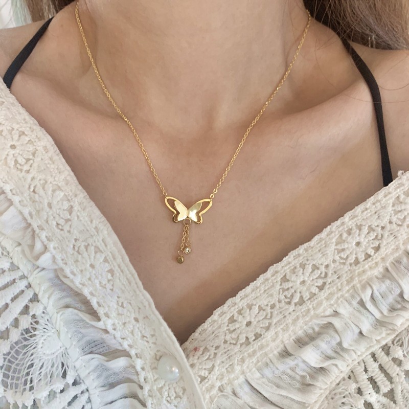 Fairy Sweet Personality Tassel Rhinestone Butterfly Necklace for Women Titanium Steel Electroplated 24K Gold Versatile Elegant Collarbone Chain