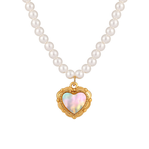 Korean Style Shijia Pearl Shell Heart Necklace for Women Vintage Fashion Personality Titanium Steel PVD Gold Plated Collarbone Chain