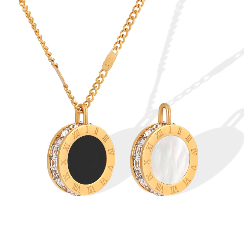 Korean Style Ins Niche Design Simple Square Diamond Roman Numeral Double-Sided Black and White Shell Necklace for Women Collarbone Chain