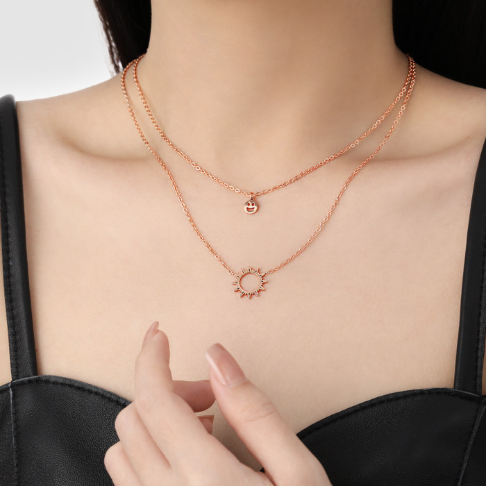 European and American Niche Design Double Layer Stacked Sun Series Smiley Face Pendant Necklace Fashion Titanium Steel Clavicle Chain