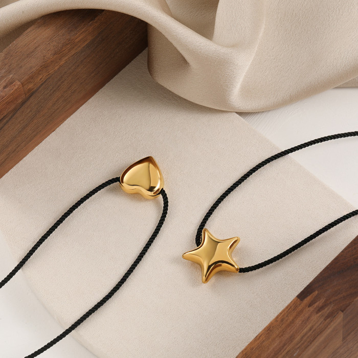 New Style Niche Simple Hollow Five-Pointed Star Heart Black Rope Necklace for Women Fashionable Personality Gold Plat...