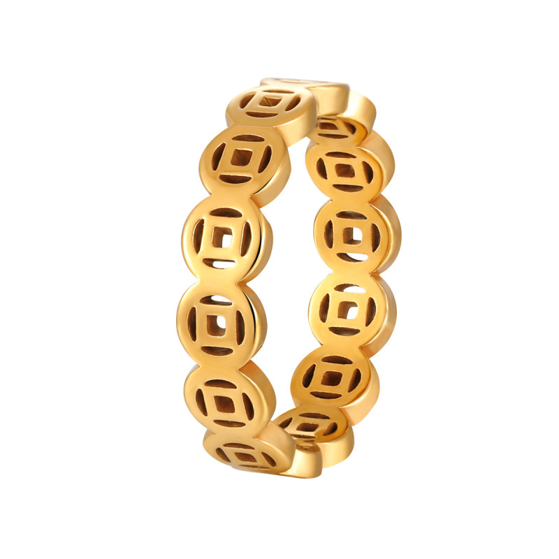 Chinese Style Personality Fashion Money Lots Index Finger Ring Titanium Steel Electroplated 24KPVD Gold Color Copper Coin Design Sense Jewelry