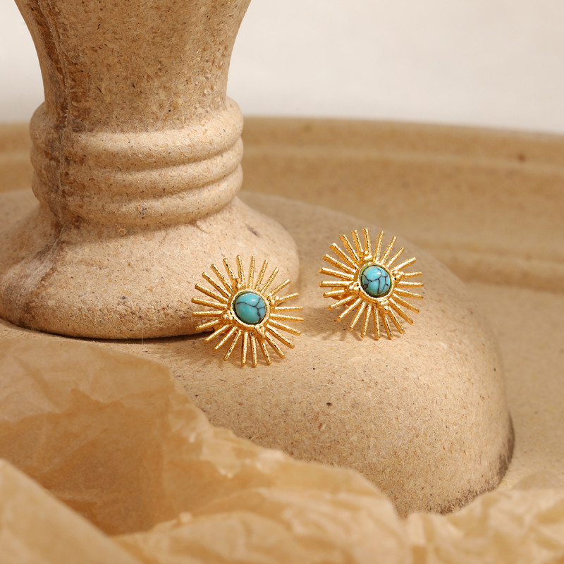 Cross-Border Hot Selling European and American INS Style Sunflower Turquoise Earrings Fashionable Personality Elegant High-End Titanium Steel Ear Jewelry