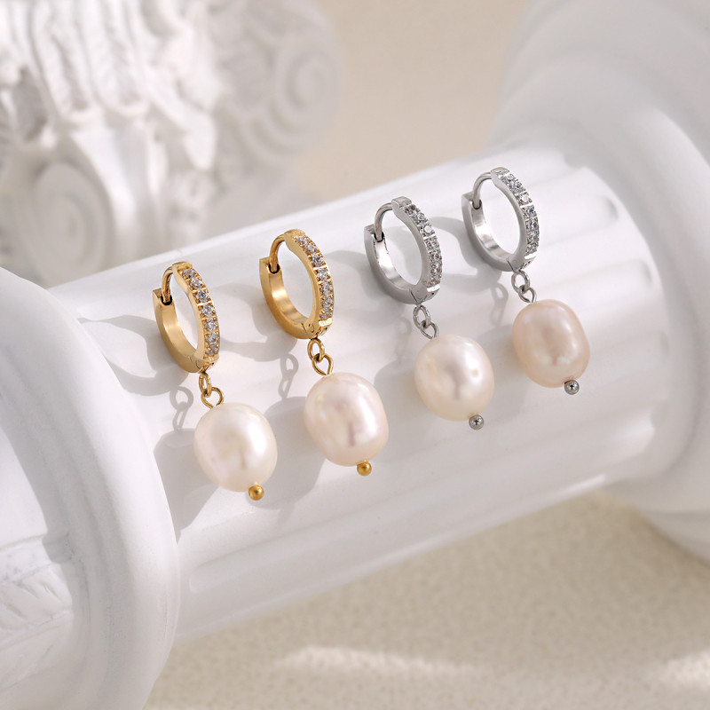 Cross-Border New Fashion Inlaid Stone Earrings Hoop Titanium Steel Women's Ins Style High-End Natural Pearl Water Drop Earrings Jewelry
