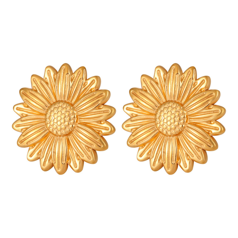 European and American Light Luxury Fashionable Retro Sunflower Titanium Steel Earrings for Women, Niche Design, Unique and Versatile, Elegant Flower Earrings