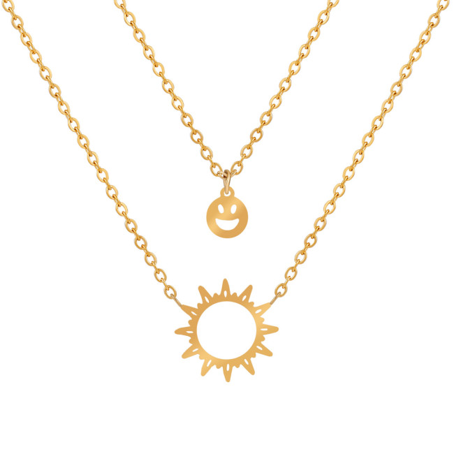 European and American Niche Design Double Layer Stacked Sun Series Smiley Face Pendant Necklace Fashion Titanium Steel Clavicle Chain
