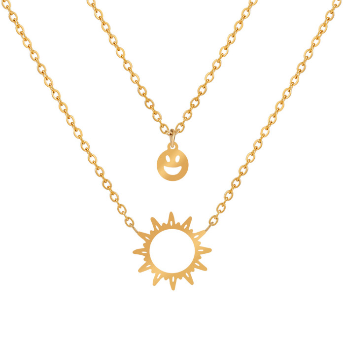 European and American Niche Design Double Layer Stacked Sun Series Smiley Face Pendant Necklace Fashion Titanium Steel Clavicle Chain