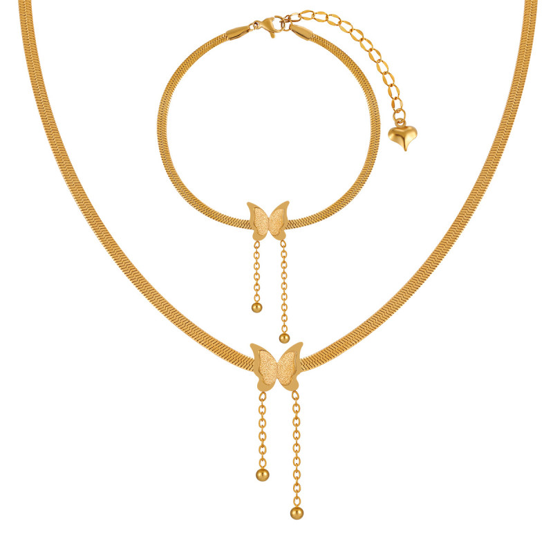 Korean Style Ins Niche Sweet Snake Bone Matte Butterfly Necklace Women Fashion Personality Gold-Plated Anklet Set Jewelry