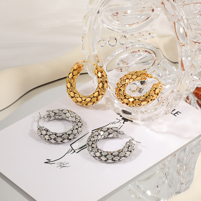 Fashion Personality Hollow Sequin Round Splicing Earrings for Women, Elegant and Luxurious C-shaped High-end Titanium...