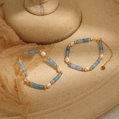 Natural Aquamarine Pearl Handmade Bracelet for Women, European and American Cross-Border Light Luxury Ins Style, Unique Titanium Steel Jewelry