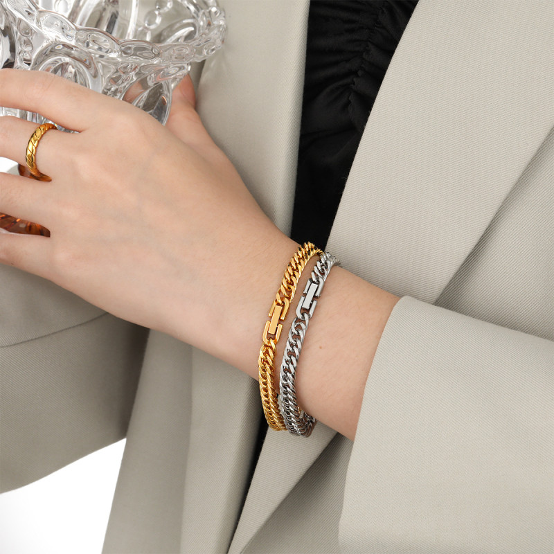 European and American Cross-Border Stainless Steel Four-Sided Round Polished Chain Jewelry Clasp Bracelet Fashionable Unique Niche High-End Titanium Steel Hand Jewelry