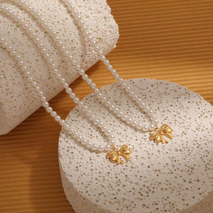 High-End Sense Shijia Pearl Splicing Bowknot Titanium Steel Necklace Plated 18K Gold Niche Ins Style Stainless Steel Collarbone Chain