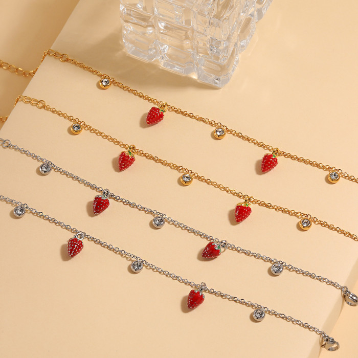 INS Style Small Tropical Fruit Strawberry Bracelet for Women, Resin Personalized Stainless Steel 18K PVD Gold Plated Jewelry