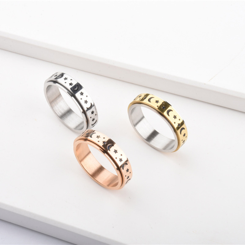 Star Moon Inlaid Diamond Ring INS Style Simple Versatile Light Luxury Index Finger Ring Rotatable Stress Relief Titanium Steel Tail Ring