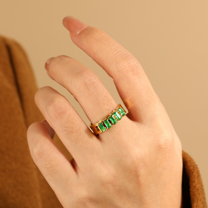 European and American New Style Light Luxury Diamond-Studded Ring High-End Feel Stainless Steel Green Cubic Zirconia Rainbow Open Titanium Steel Ring
