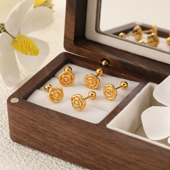 Korean Style Ins Niche Design Rose Flower Gold Plated Titanium Steel Ear Bone Studs Women's Fashion Personality Versa...