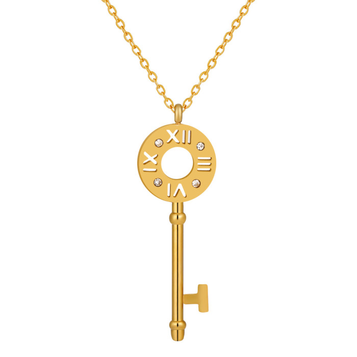 Exquisite Roman Numeral Four-Diamond Key Necklace for Women Titanium Steel Personalized Pendant Korean Fashion High-End Clavicle Chain