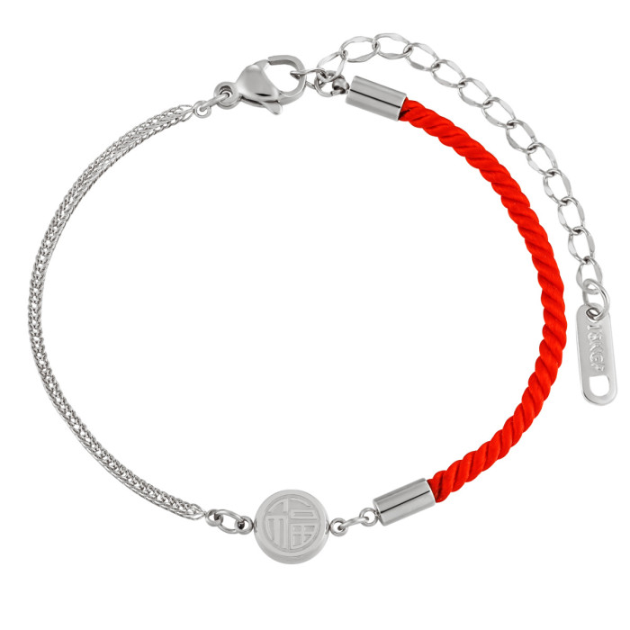 Chinese Style Double-Sided Fu Character Red String Bracelet for Women, Titanium Steel Fashionable Personalized Woven...
