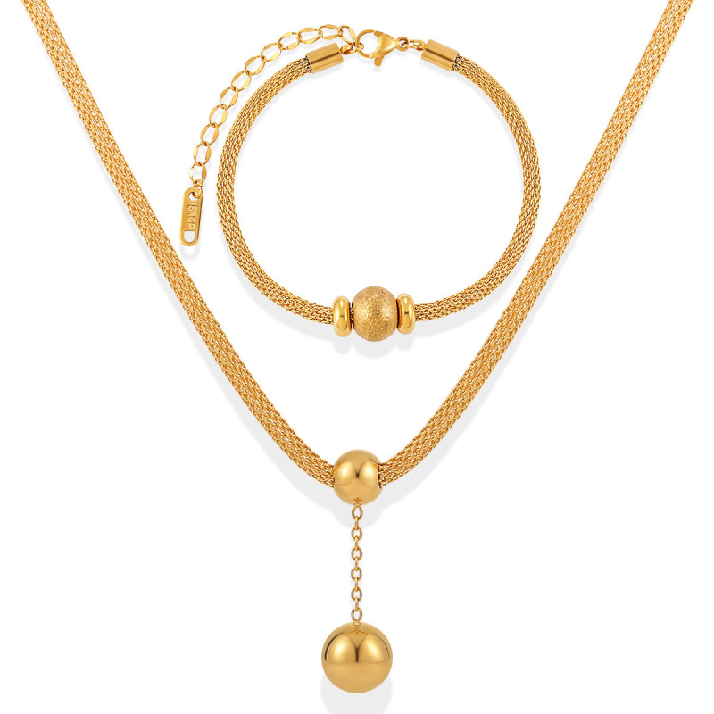 Japanese and Korean INS Niche Design Mesh Matte Geometric Round Bead Fortune Bead Titanium Steel Bracelet Necklace Women's Jewelry Set