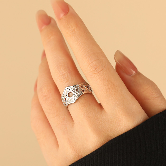 Titanium Steel Ring Hexagram Personality Fashion Ins Niche Design Adjustable Open Hollow Ring