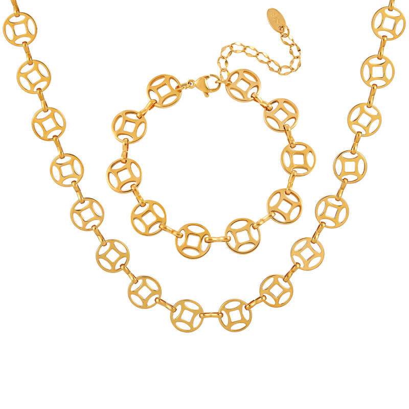 New Chinese Style Niche Design Coin Collarbone Necklace Titanium Steel Bracelet Women's Fashion Personality Versatile Jewelry Set