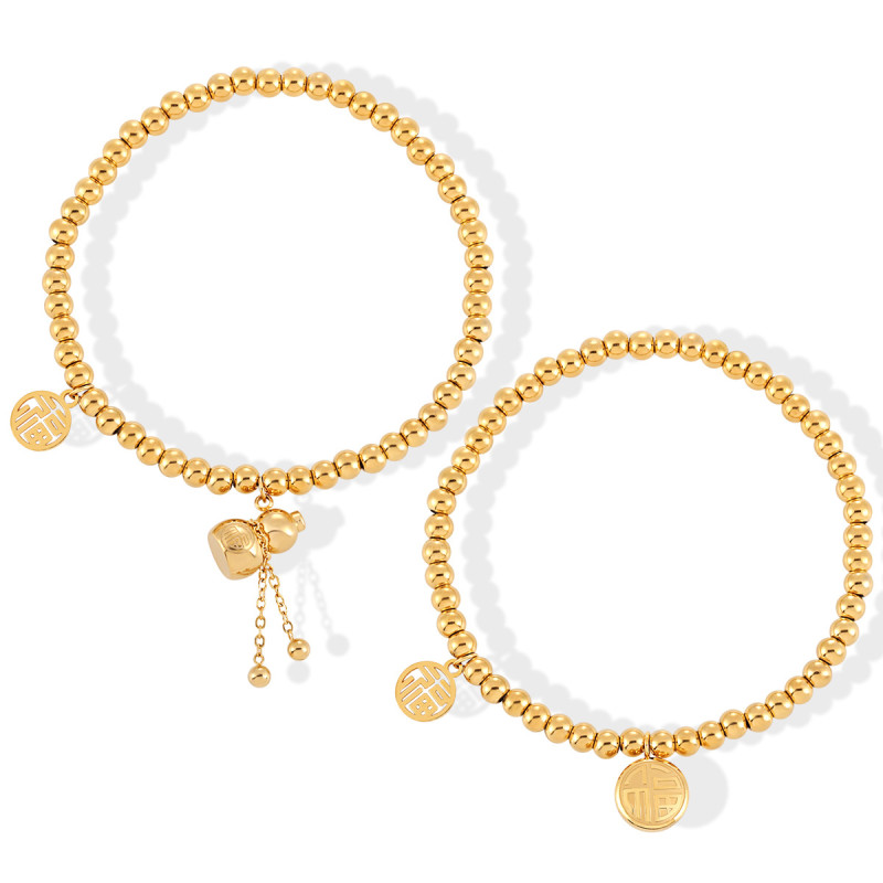 Chinese Style Fu Xi Bead Bracelet Tassel Gourd Lucky Bag Elastic Cord Bracelet for Women Titanium Steel Simple Personality Fashion Jewelry
